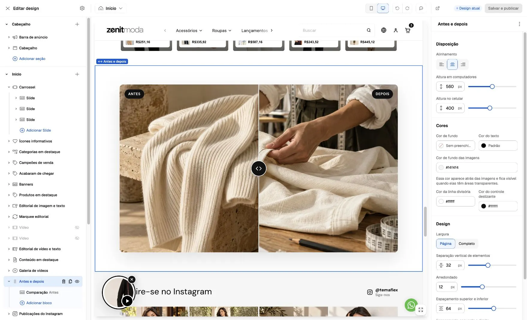Before and after selected in the editor, with an image comparison in the preview and height, color and width controls.