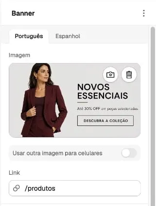 Panel de un elemento Banner con su imagen, opción de otra imagen para celulares y campo de enlace.