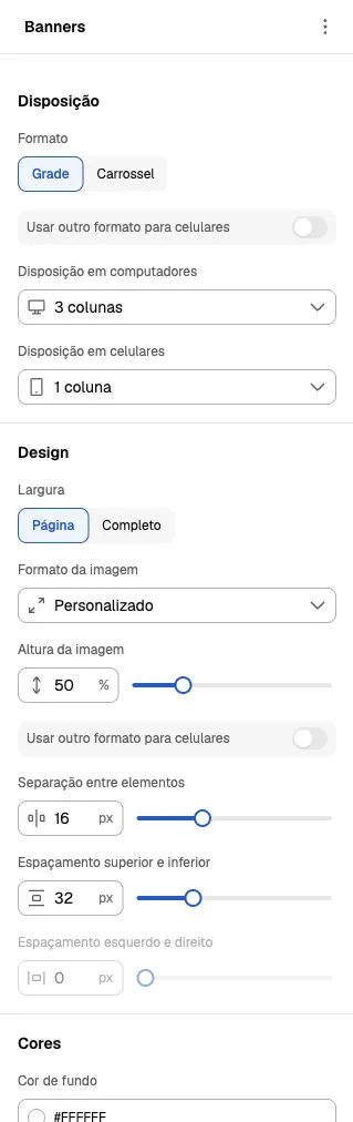 Banners panel with grid, three desktop columns, one mobile column, custom aspect ratio and independent mobile controls.
