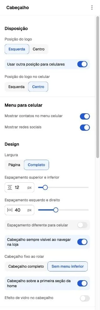 Panel Encabezado con posición del logo, Menú para celular y controles de fijación y superposición.