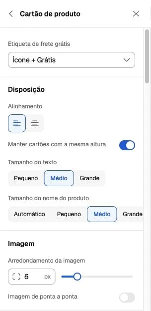 Portuguese Product card panel showing alignment, equal height, text sizes and image controls.