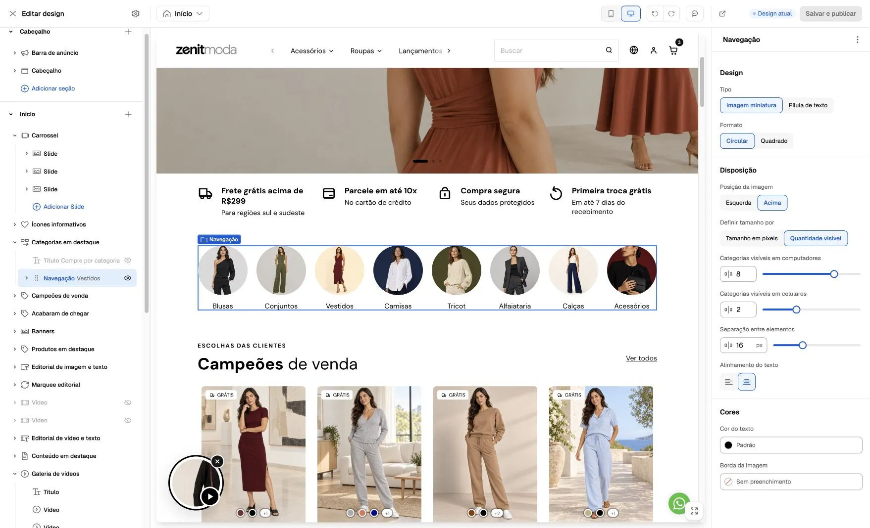 Bloque Navegación seleccionado en Categorías destacadas, con ocho categorías circulares en computadora y controles de cantidad por dispositivo.
