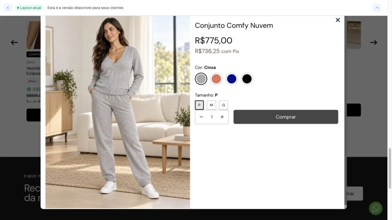 Ventana de compra rápida con imagen de Conjunto Comfy Nuvem, precio, color, talle, cantidad y botón Comprar.