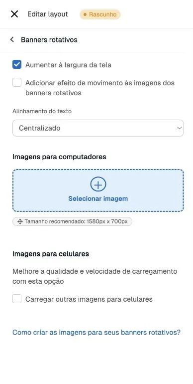 Painel Banners rotativos do Recife com configurações reunidas no módulo e áreas de imagens para computador e celular.