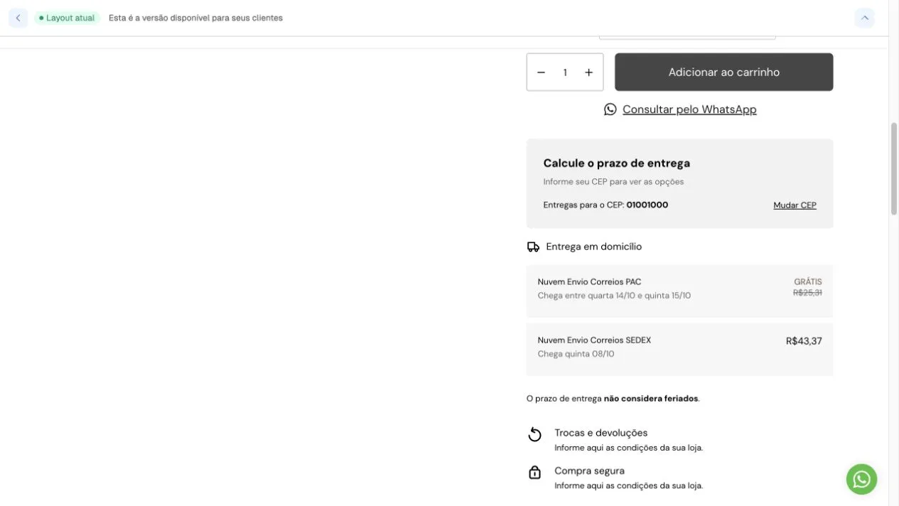 Product page shipping calculator on desktop, with postal code, change-code option, carriers, prices and estimated delivery.