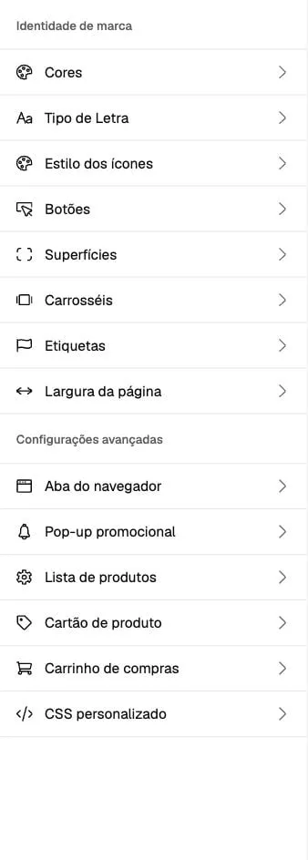 Global settings menu with the Brand identity and Advanced settings groups.
