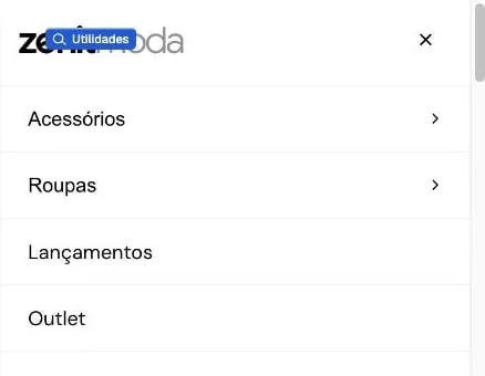 Parte superior del menú abierto en la vista previa de celular, con categorías y botón de cerrar.