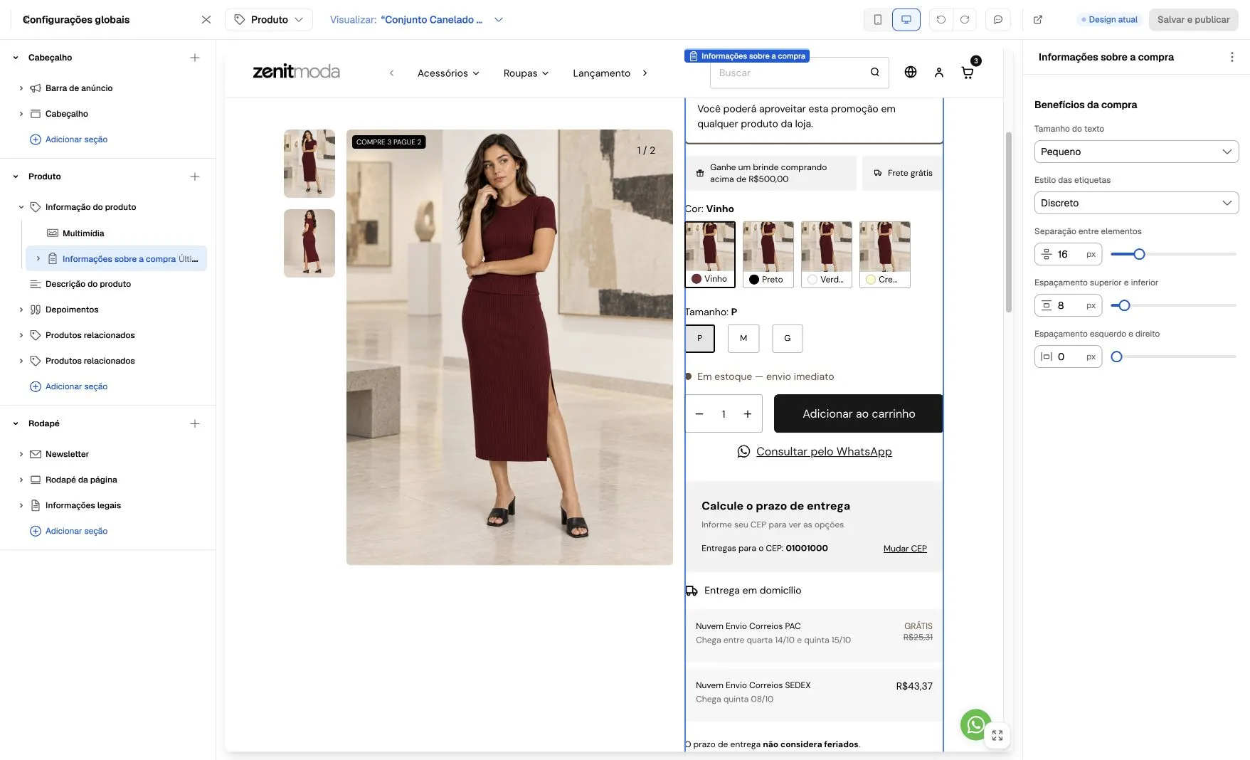 Información de compra seleccionada en el editor, con controles de texto y estilo de beneficios y su presentación en el producto.