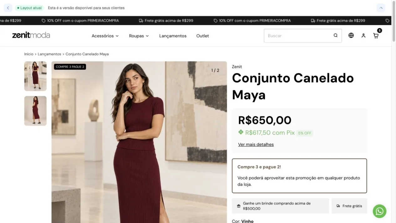 Página del Conjunto Canelado Maya en computadora, con galería y miniaturas a la izquierda, precio y condiciones comerciales a la derecha.