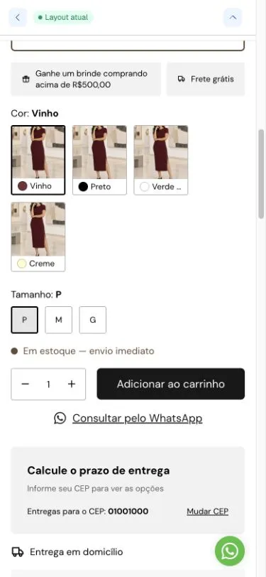 Formulario móvil con fotos de colores en filas, talles, disponibilidad y compra.