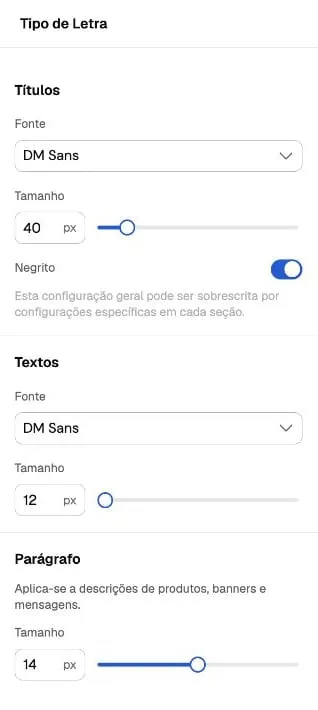 Panel de tipografía con controles separados de Títulos, Textos y Párrafo.